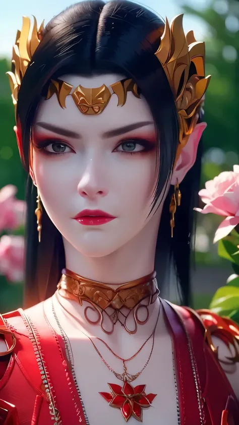 (RAW photo:1.2), (photorealistic:1.4),(intricate details:1.2),(masterpiece:1.3),(best quality:1.4), (ultra highres:1.2),1girl, solo, jewelry, earrings, pointy_ears, necklace, looking at viewer pose, red ornamental clothes, background : a garden with flutte...