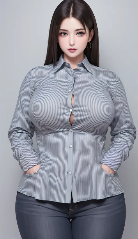 Matured Tifa Standing at Attention, 25 Years Old, Matured Women Appearance, Large Framed and Big Boned Plump Body: 1.45, Muscular Plump Body, Balanced Vertical Straight Standing with Good Posture: 1.5, Wearing Collared Long Blazer Button-Down Striped Shirt...