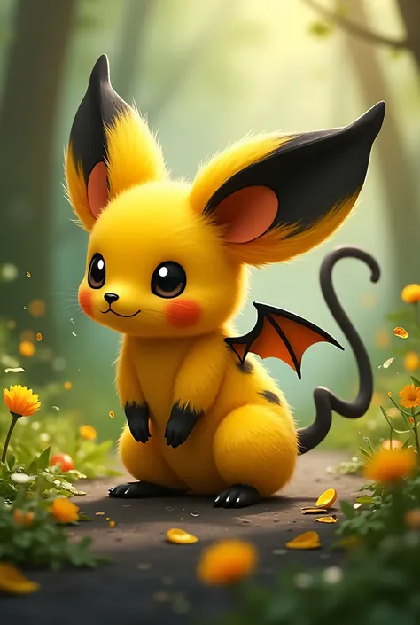 animals similar to foxes and rats are yellow with black shades, cute, sharp winding tail of black color, like pikachu, has wings like a bat
