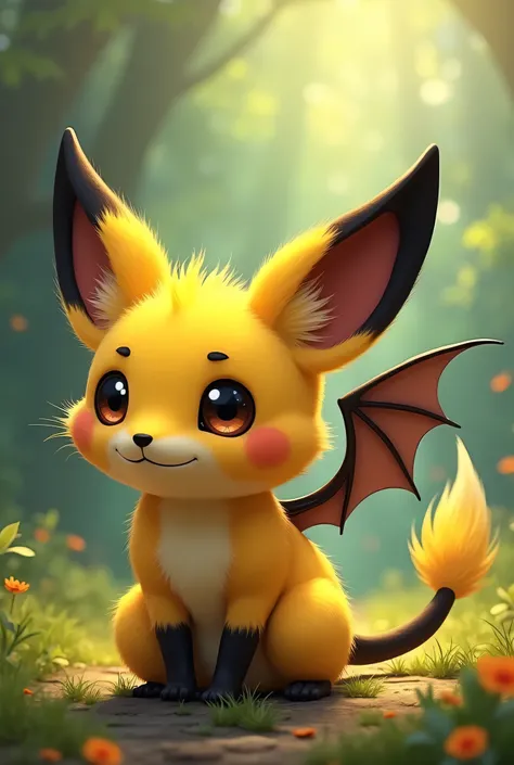 animals similar to foxes and rats are yellow with black shades, cute, sharp winding tail of black color, like pikachu, has wings like a bat