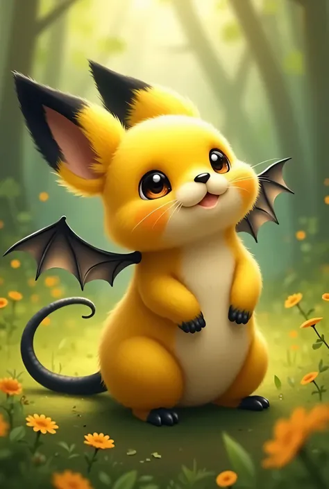 animals similar to foxes and rats are yellow with black shades, cute, sharp winding tail of black color, like pikachu, has wings like a bat
