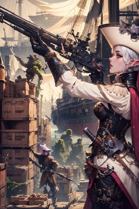 (Ultra-detailed face, Looking Away, Gothic Illustration, Dark Tone Colors.) , BREAK 
(A medieval European-style military port during wartime. A female dark elf officer, in a bold pose, instructs sailors to use a wooden crane to load a large number of crate...