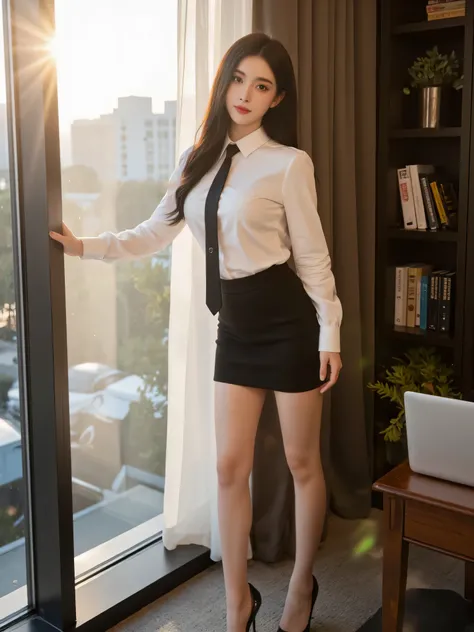 (Beautiful 25-year-old female manager:1.5), (Charming office lady with leadership aura:1.5), (White blouse with elegant black tie:1.5), (Short pencil skirt:1.5), (Black high heels:1.3), (Confident and graceful pose:1.3), (Realistic face:1.5), (Realistic bo...