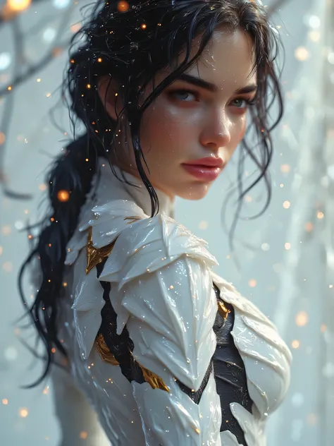 > A stunning, anatomically accurate woman with a powerful, athletic build — the result of intense gym training. She has long, flowing black hair and is seen from behind in a close-up shot of her face and upper torso. She is half-turned over her shoulder, r...