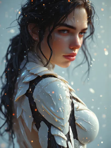 > A stunning, anatomically accurate woman with a powerful, athletic build — the result of intense gym training. She has long, flowing black hair and is seen from behind in a close-up shot of her face and upper torso. She is half-turned over her shoulder, r...