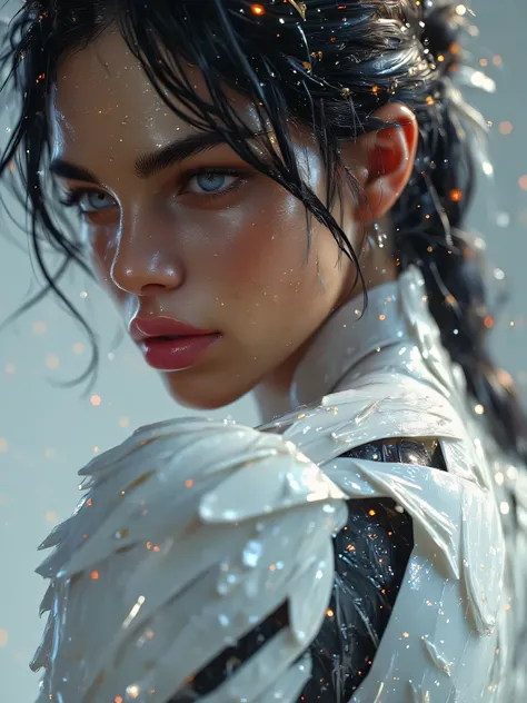 > A face close-up stunning, anatomically accurate woman with a powerful, athletic build — the result of intense gym training. She has long, flowing black hair and is seen from behind in a close-up shot of her face and upper torso. She is half-turned over h...