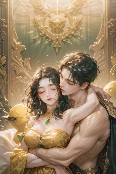 couple, (maale short wavy hair, green eyes), female with long wavy black hair, romantic, black hair, hugging, gold bird, lips kissing, closed eyes, masterpiece, accurate
