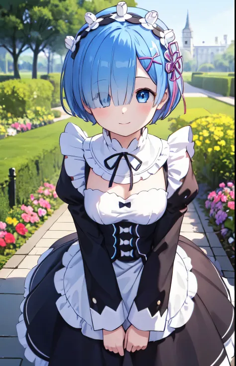 high resolution、超high resolution、masterpiece, top quality, 1 girl, top quality, is smiling、 closed his mouth、smile,Rem,garden、is standing、attractive light blue beautiful hair ,(watch,blue eyes),(smile), has one eye hidden , (Cover your right eye), Hair ove...