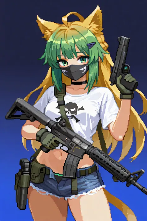 1girl, atalanta, alternate costume, ammunition pouch, animal ears, ar-15, assault rifle, belt, between breasts, black choker, green hair, black panties, blue shorts, blush, cat ears, choker, closed mouth, colored inner hair, cutoffs, denim, denim shorts, e...