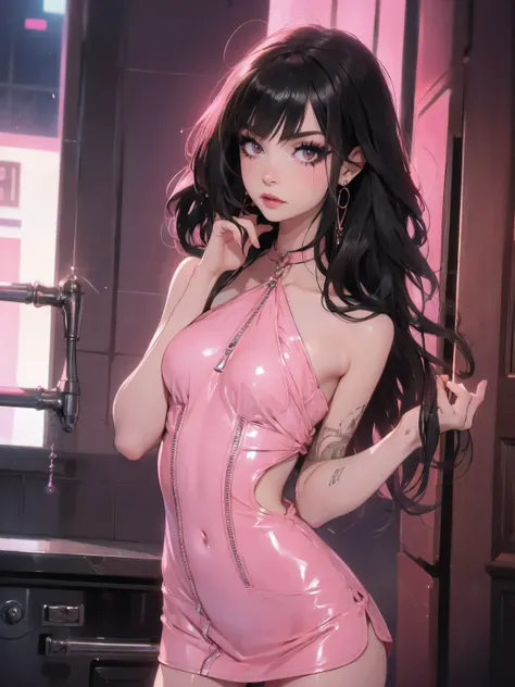 1girl,a beautiful fashion model ,(masterpiece, official art, best quality),long and shiny hair, black hair,  full lips, upturned nose , medium breasts, stripping, elegant makeup, exhibitionism, naked in public, , slim thighs, toned body, shiny skin, sexy p...