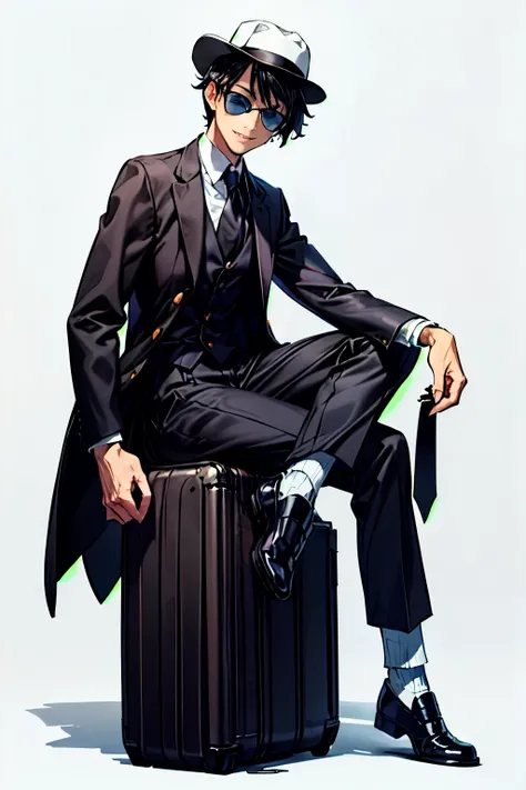 (Best Quality, Detailed, Adult, Mature), (Full Body, Perfect Hands, 1 Male), 1 Male, Solo, Smiling, Short Hair, Missy Hair, Bangs, Black Hair, Green Eyes, Fedora Hat, Tinted Glasses, Jacket, Formal, Grey Suit, Collared Shirt, Black Shirt, Tie, Yellow Tie, ...