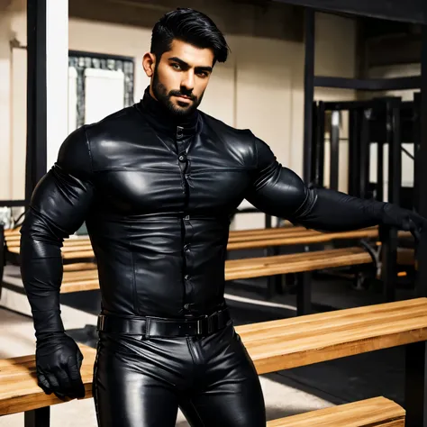 Age 30,1 man、muscular、black turtleneck shirt、Short Hair。Short Hair、 arabic face　  Upper Body Lift　 black gloves　Combatant　 handsome man、 black leather pants。bench