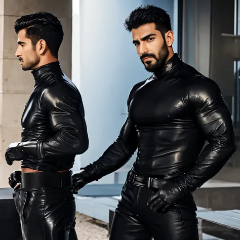 Age 30,1 man、muscular、black turtleneck shirt、Short Hair。Short Hair、 arabic face　  Upper Body Lift　 black gloves　Combatant　 handsome man、 black leather pants。bench