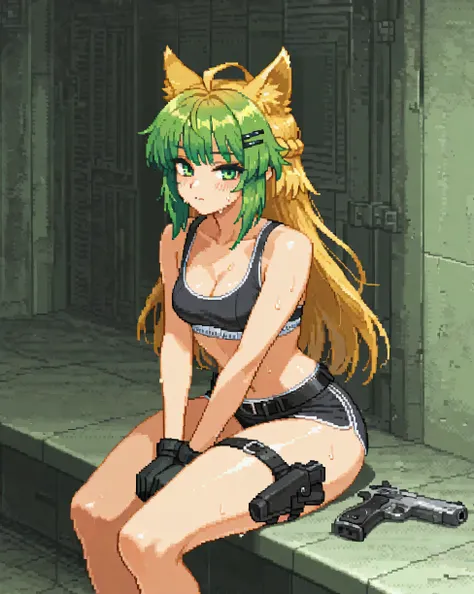 1girl, alternate costume, animal ears, belt, black bra, black gloves, black sports bra, blush, breasts, cat ears, cleavage, collarbone, colored inner hair, extra ears, gloves, gun, hair ornament, hairclip, hahandgun, holster, holstered, invisible chair, br...