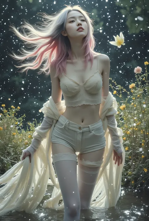Wear white pantyhose with full breasts, pink white potograph editing vibes, hyperrealistic art brut of a woman embodying nature, consumed by ethereal blend caricature flora and rivers. Her long grey pink hair ,white yellowflows like water rivers. Sh, eyes...
