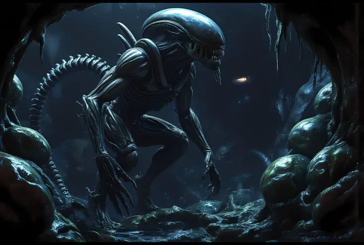 xenomorph angry snarling teeth crawling on four legs in a cave dark slimey dripping green ooze from the walls, egg sacs, spines biomechanical photorealistic terrifying high detail high saturation
