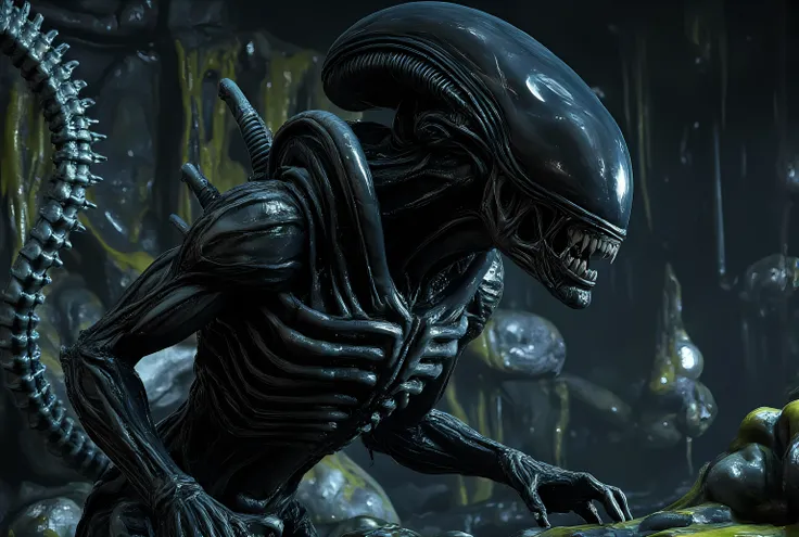 xenomorph angry snarling teeth crawling on four legs in a cave dark slimey dripping green ooze from the walls, egg sacs, spines biomechanical photorealistic terrifying high detail high saturation