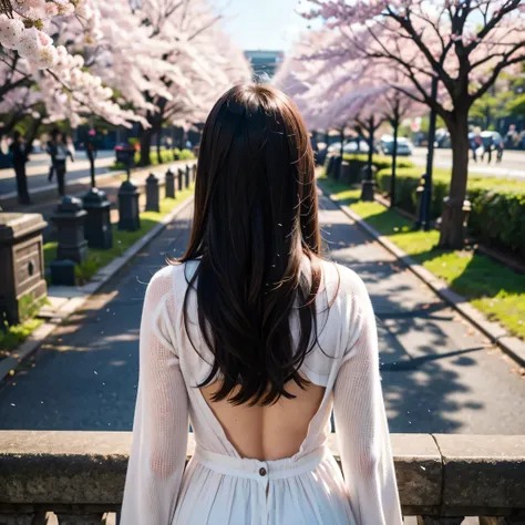 polar bear behind one young woman、long hair、back view、cherry blossoms