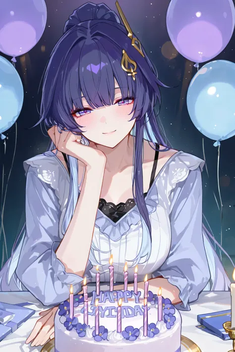 score_9, score_8_up, score_7_up, masterpiece, best quality, very aesthetic, absurdres, tunning image, light particles, attractive image, solo, 1girl, adult grown woman, RMei, Fol005, RM_Hoo, raiden mei, purple hair, purple eyes, colored inner hair, light b...