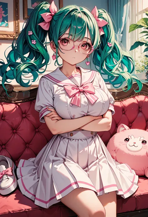 score_9, score_8_up , score_7_up ,source_anime,1cute girl, EMERALD hair, pattern ,twintail pink ribbon, expressionless, Large breasts, cute white sailor suit with pink lines, miniskirt, pink eyes, white high heels,Cool expression,glasses,crossed arms,cute ...