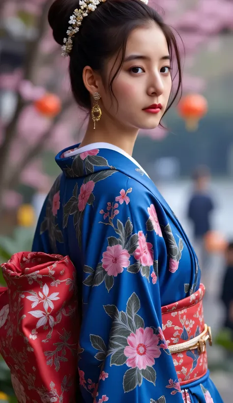 Utamaro's Ukiyo-e 、Beautiful Ukiyo-e composition、HD、4K、8k、16k、Woman uper high resolution、detailed description、A kimono with a bright white floral pattern that looks like art、(川沿いのライトupされた鮮やかな桜を見ている)、A work like the culmination of Ukiyo-e、 color difference、...