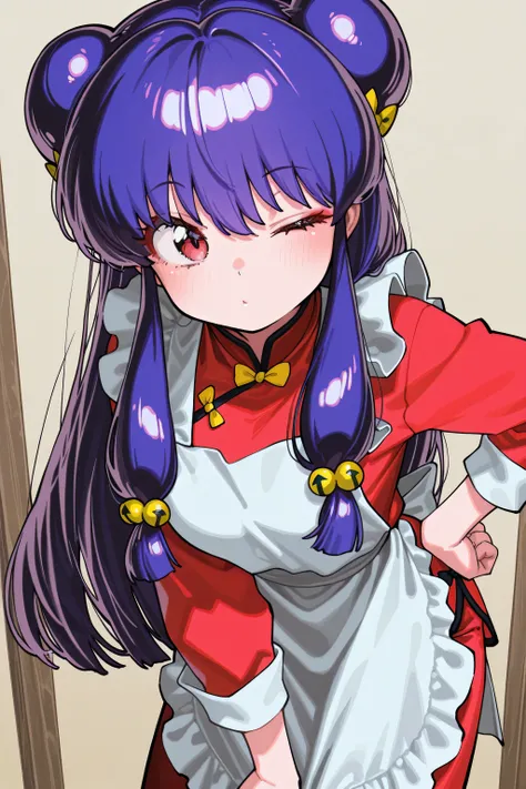 kmj-anonstyle, [artist:yoneyama mai], [artist:kanzarin], [artist: ekrea_jan], masterpiece,best quality,amazing quality, 748cmstyle, solo, eye focus, ranma 1/2, shampoo (ranma 1/2), 1girl, apron, chinese clothes, double bun, hair bun, hair ornament, long ha...