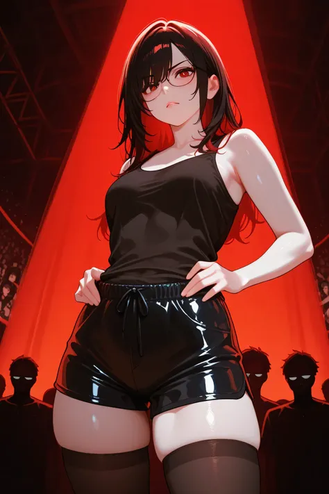 (Tokizaki Kurumi:1.0, hand posture on the waist, Powerful posture, latex sex doll skin:1.0, sex doll, seam:1.0, Black Tank Tops,black shorts, Black Stockings, sexy, ขนาดโหญ่, White skin, whole body, nightgown , bright eyes , Chic Glasses , Raised top , ...