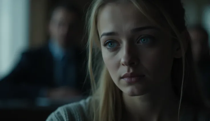 A cinematic close-up of a young woman in her early 20s, named Elena, sitting alone in a cold, formal inheritance reading room. The camera focuses tightly on her face — pale, softly lit by cold ambient light, with delicate shadows accentuating her tired eye...
