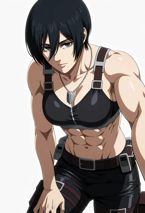 anime coloring, anime screencap, mikasa ackerman, 1girl, solo, short hair, black hair, towards viewer, badass, closed mouth, black sport bra, , belt, black pants, standing, cowboy shot, reaching towards viewer,, white background, simple background, masterp...