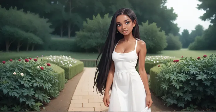 A girl in a garden, 2.5d, straight black hair, very long hair, round chin, snub nose, black eyes, BROWN LIPS, sorriso, boca aberta, perfect teeth, sardas, shiny skin, big breasts, long dress green , covered knees, perfect feet, dark sky, nuvens, lua cheia