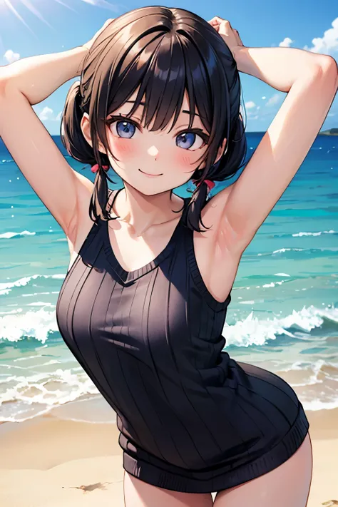 Armpit close-up sweater(sleeveless) Armpit hair is growing a little short twin tail smile Being at the beach