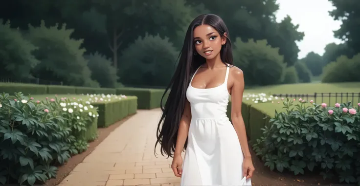 A girl in a garden, 2.5d, straight black hair, very long hair, round chin, snub nose, black eyes, BROWN LIPS, sorriso, boca aberta, perfect teeth, sardas, shiny skin, big breasts, long dress green , covered knees, perfect feet, dark sky, nuvens, lua cheia