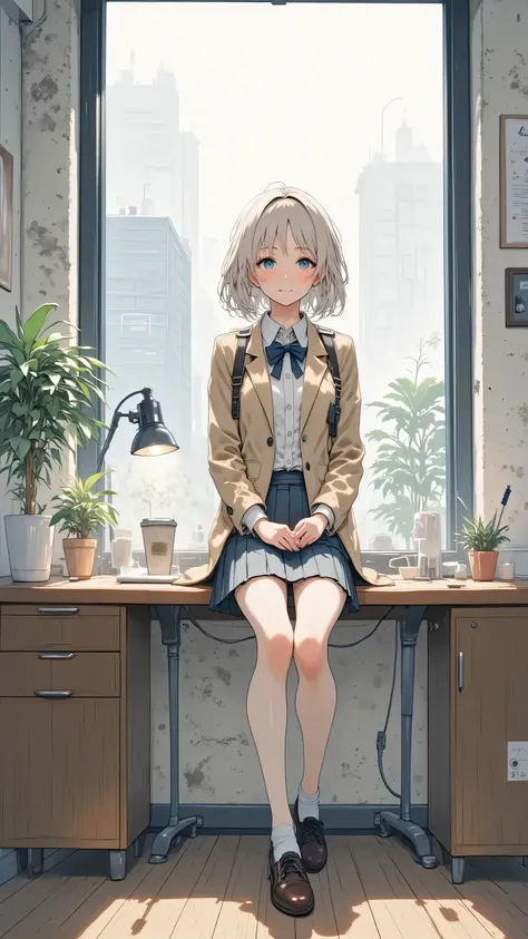 is sitting at her desk in a modern office, Focus on typing on a laptop, Around a paper and coffee cup, A beautiful office lady wearing a formal blazer and skirt, hair tied properly at the back, serious expression, Light from Window, soft shadow, anime-styl...