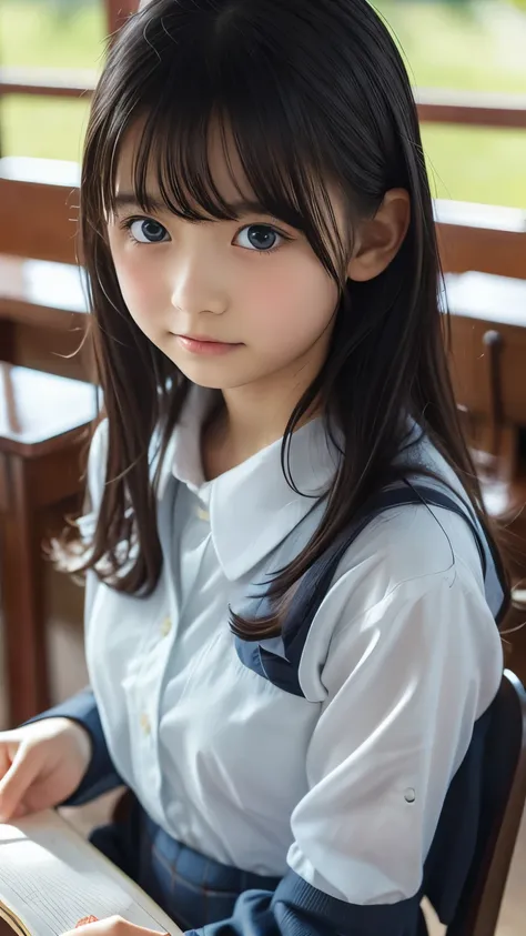 Imagine a charming illustration in the style of Loundraw, Depicts a beautiful schoolgirl. She is wearing a classic school uniform, With a fitted skirt and a perfectly lined shirt. Her long black hair, With soft bangs, Falling gracefully over her shoulders....
