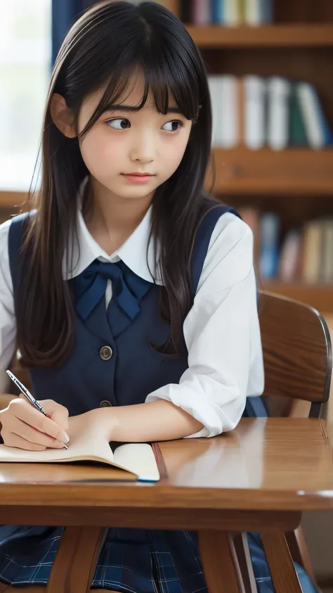 Imagine a charming illustration in the style of Loundraw, Depicts a beautiful schoolgirl. She is wearing a classic school uniform, With a fitted skirt and a perfectly lined shirt. Her long black hair, With soft bangs, Falling gracefully over her shoulders....