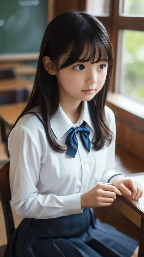 Imagine a charming illustration in the style of Loundraw, Depicts a beautiful schoolgirl. She is wearing a classic school uniform, With a fitted skirt and a perfectly lined shirt. Her long black hair, With soft bangs, Falling gracefully over her shoulders....