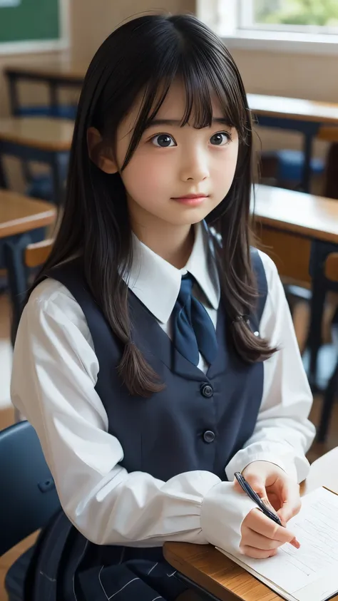 Imagine a charming illustration in the style of Loundraw, Depicts a beautiful schoolgirl. She is wearing a classic school uniform, With a fitted skirt and a perfectly lined shirt. Her long black hair, With soft bangs, Falling gracefully over her shoulders....