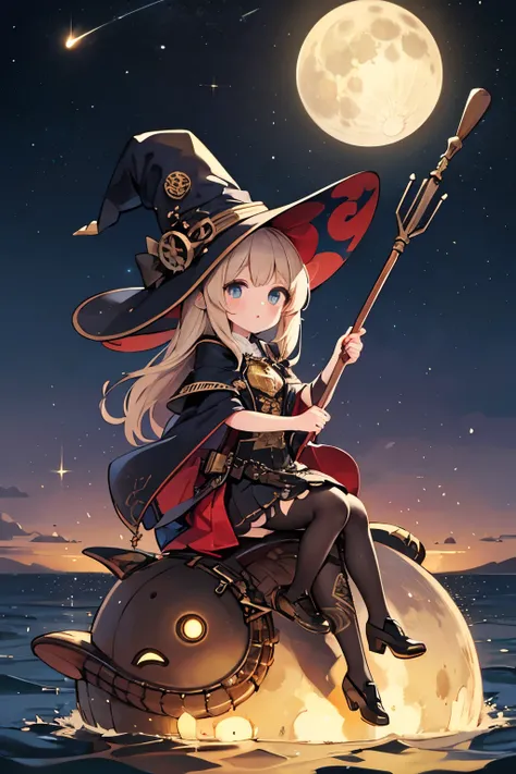 Create detailed images。steampunkai。one woman。steampunk witch flying while sitting on a broom。Riding on a small boat。looking up at the sky。right in the middle of an invisible sea on land。 full moon。Milky Way Galaxy。