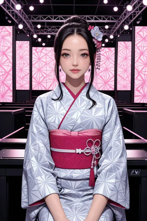 Wear a kimono with a geometric pattern on stage、Beautiful foreign woman doing rakugo while sitting upright、Futuristic bright pop background and lights