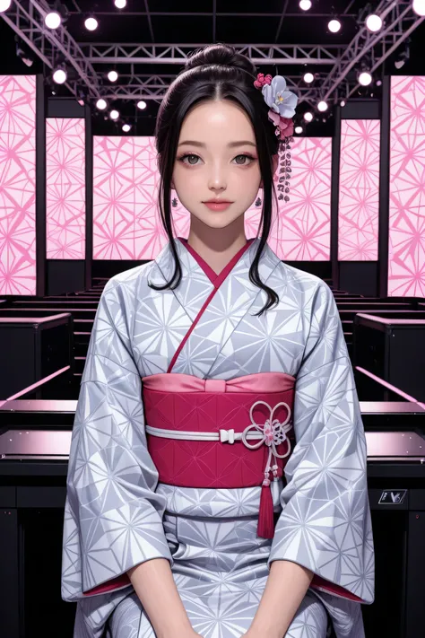 Wear a kimono with a geometric pattern on stage、Beautiful foreign woman doing rakugo while sitting upright、Futuristic bright pop background and lights