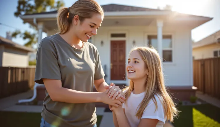 A heartwarming, cinematic image of a  blonde girl and her mother standing hand-in-hand in front of their new home. The girl smiles brightly, her eyes full of hope and joy, while the mother — a woman in her 30s or 40s — looks down at her with love and pride...