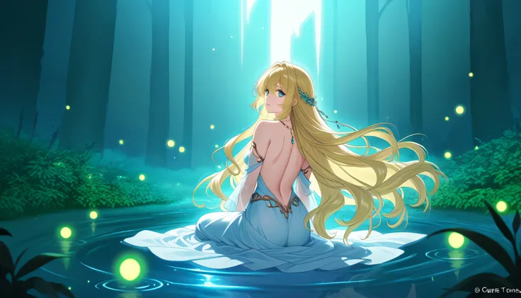 In the heart of a hidden lagoon, bathed in moonlight, a graceful mermaid sits upon a smooth stone surrounded by calm, shimmering water. Her long, flowing hair cascades down her back, catching the silver light as gentle ripples dance around her. The air is ...