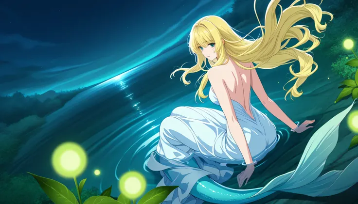 In the heart of a hidden lagoon, bathed in moonlight, a graceful mermaid sits upon a smooth stone surrounded by calm, shimmering water. Her long, flowing hair cascades down her back, catching the silver light as gentle ripples dance around her. The air is ...