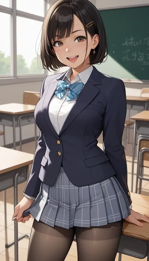 score_9, score_8_up, score_7_up, sauce_anime top quality、8k、 masterpiece、super high accuracy、 natural light、perfect anatomy、one woman、medium breasts、saggy breasts:1.7、black hair、Okuzumi Yuiko、short bob hair、(happy、fun)、school uniform、blazer、pantyhose、(scho...