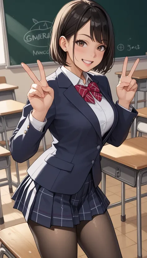 score_9, score_8_up, score_7_up, sauce_anime top quality、8k、 masterpiece、super high accuracy、 natural light、perfect anatomy、one woman、medium breasts、saggy breasts:1.7、black hair、Okuzumi Yuiko、short bob hair、(happy、fun)、school uniform、blazer、pantyhose、(scho...