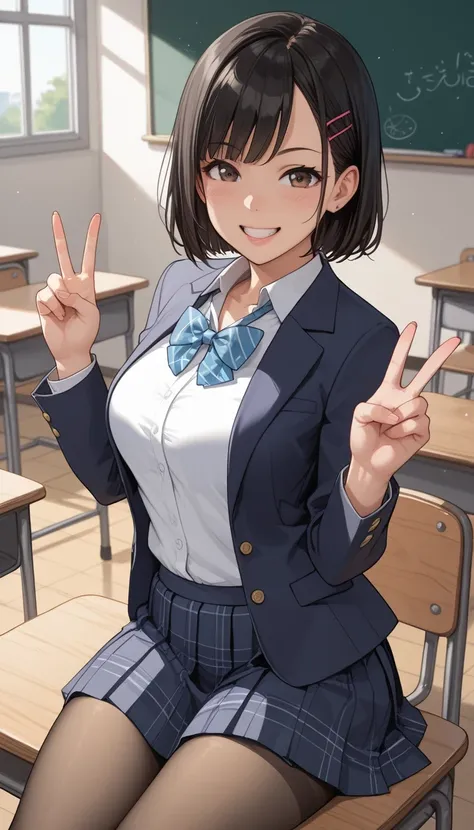 score_9, score_8_up, score_7_up, sauce_anime top quality、8k、 masterpiece、super high accuracy、 natural light、perfect anatomy、one woman、medium breasts、saggy breasts:1.7、black hair、Okuzumi Yuiko、short bob hair、(happy、fun)、school uniform、blazer、pantyhose、(scho...