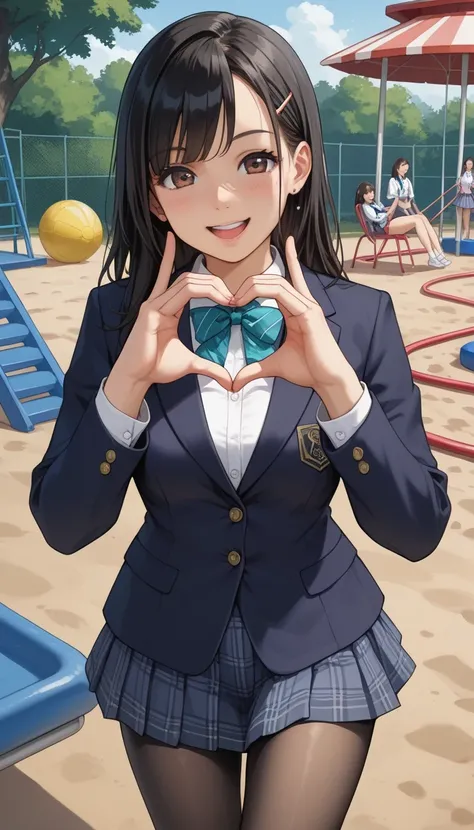 score_9, score_8_up, score_7_up, sauce_anime top quality、8k、 masterpiece、super high accuracy、 natural light、perfect anatomy、one woman、medium breasts、saggy breasts:1.7、black hair、Okuzumi Yuiko、(happy、fun)、school uniform、blazer、pantyhose、( playground)、 stand...