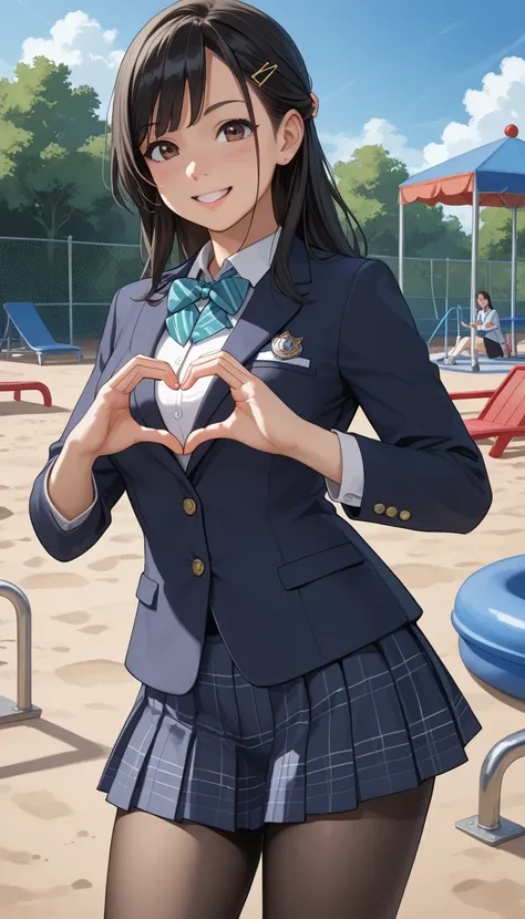 score_9, score_8_up, score_7_up, sauce_anime top quality、8k、 masterpiece、super high accuracy、 natural light、perfect anatomy、one woman、medium breasts、saggy breasts:1.7、black hair、Okuzumi Yuiko、(happy、fun)、school uniform、blazer、pantyhose、( playground)、 stand...