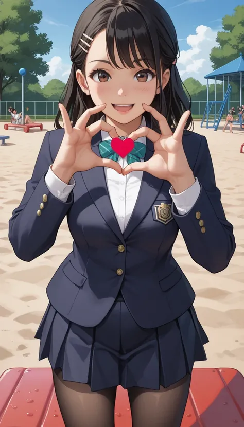 score_9, score_8_up, score_7_up, sauce_anime top quality、8k、 masterpiece、super high accuracy、 natural light、perfect anatomy、one woman、medium breasts、saggy breasts:1.7、black hair、Okuzumi Yuiko、(happy、fun)、school uniform、blazer、pantyhose、( playground)、 stand...