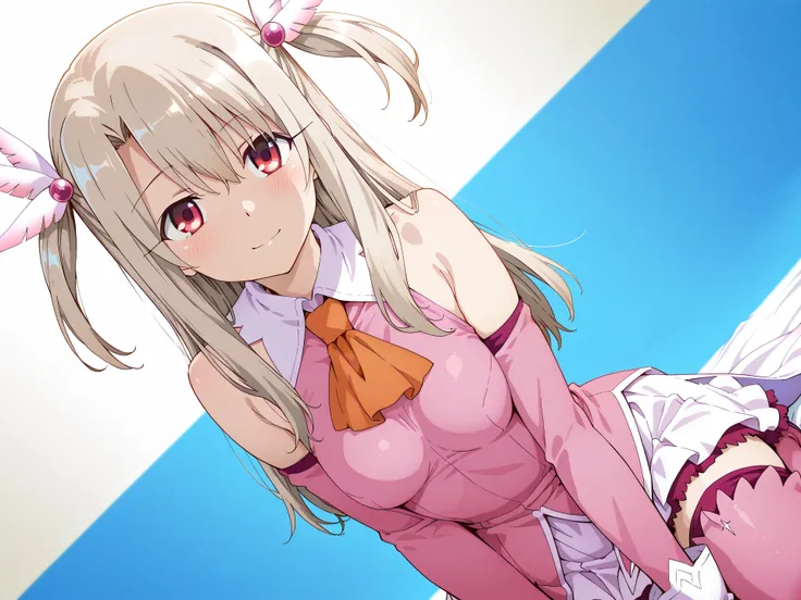 best quality, masterpiece, Super detailed,High resolution,Extremely detailed CG,1girl,illyasviel von einzbern,  long hair, blonde hair, two side up, hair ornament, red eyes, bare shoulders, magical girl, cape, orange ascot, pink shirt, sleeveless, detached...